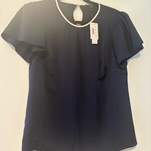 NWT J. Crew Navy Blue Flutter Sleeve Blouse with constrast neckline